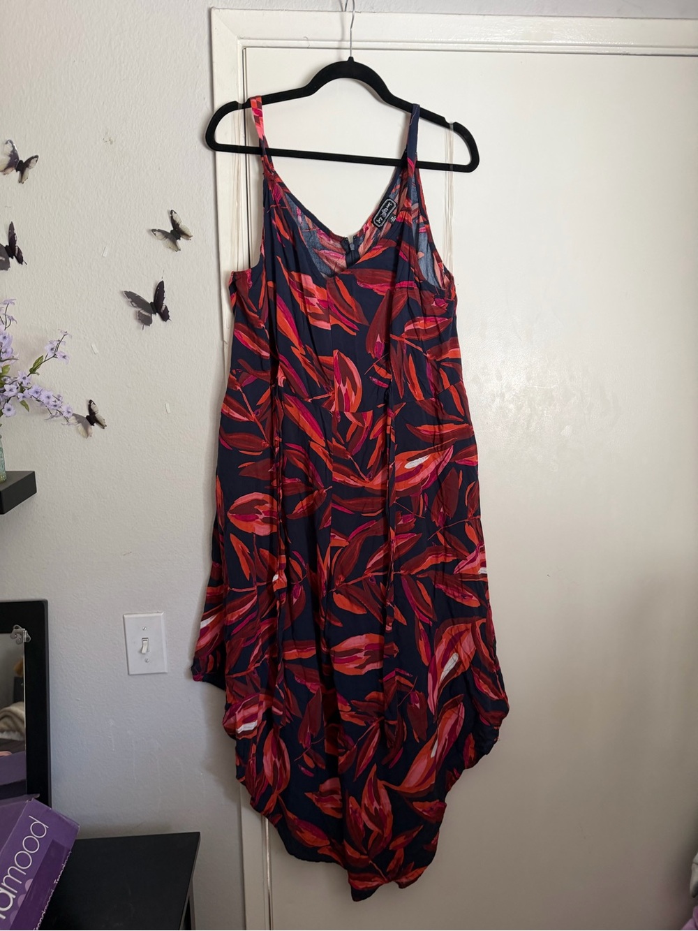 Women's Navy jumpsuit with Red Leaf Print - Sleeveless V-Neck